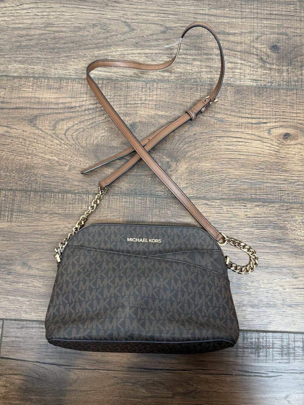Michael Kors Jet Set Travel Medium Dome Crossbody Brown Signature MK Bag